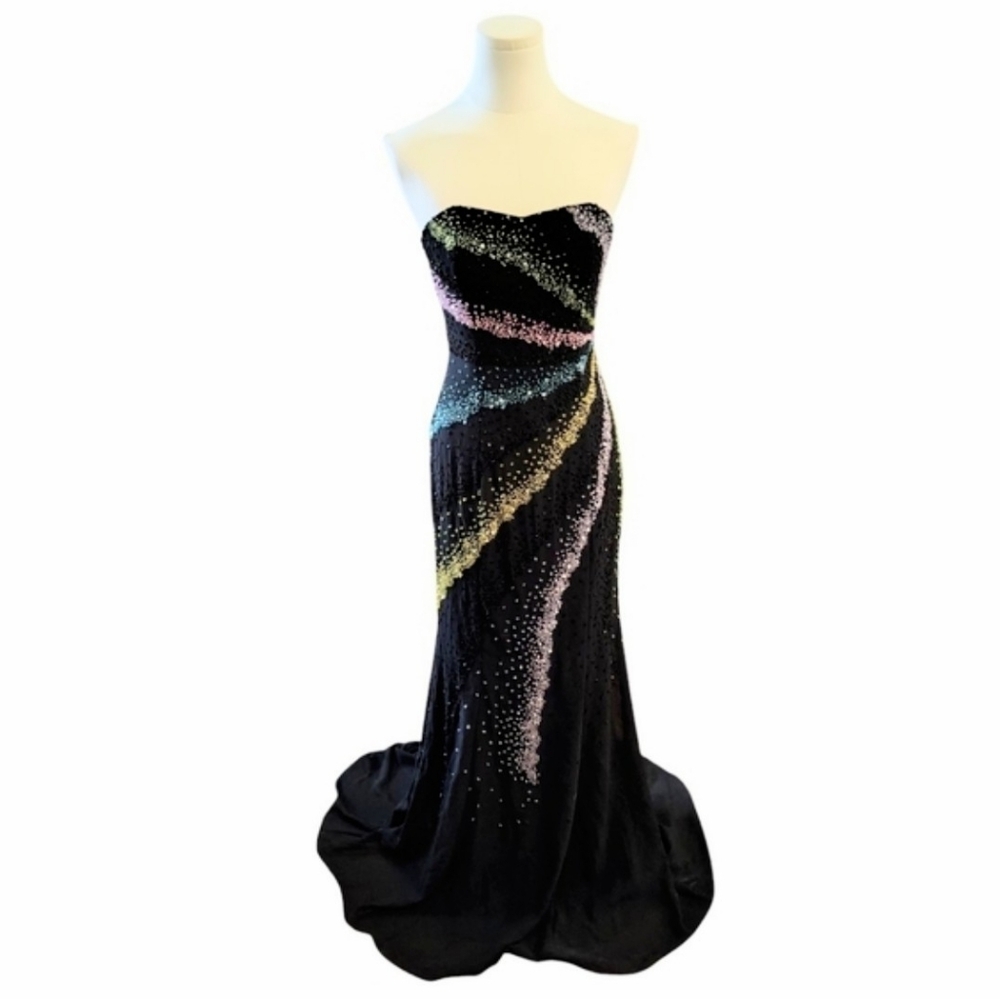 Y2K Riva Designs Formal Evening Strapless Beaded Black Gown with Train Size 4